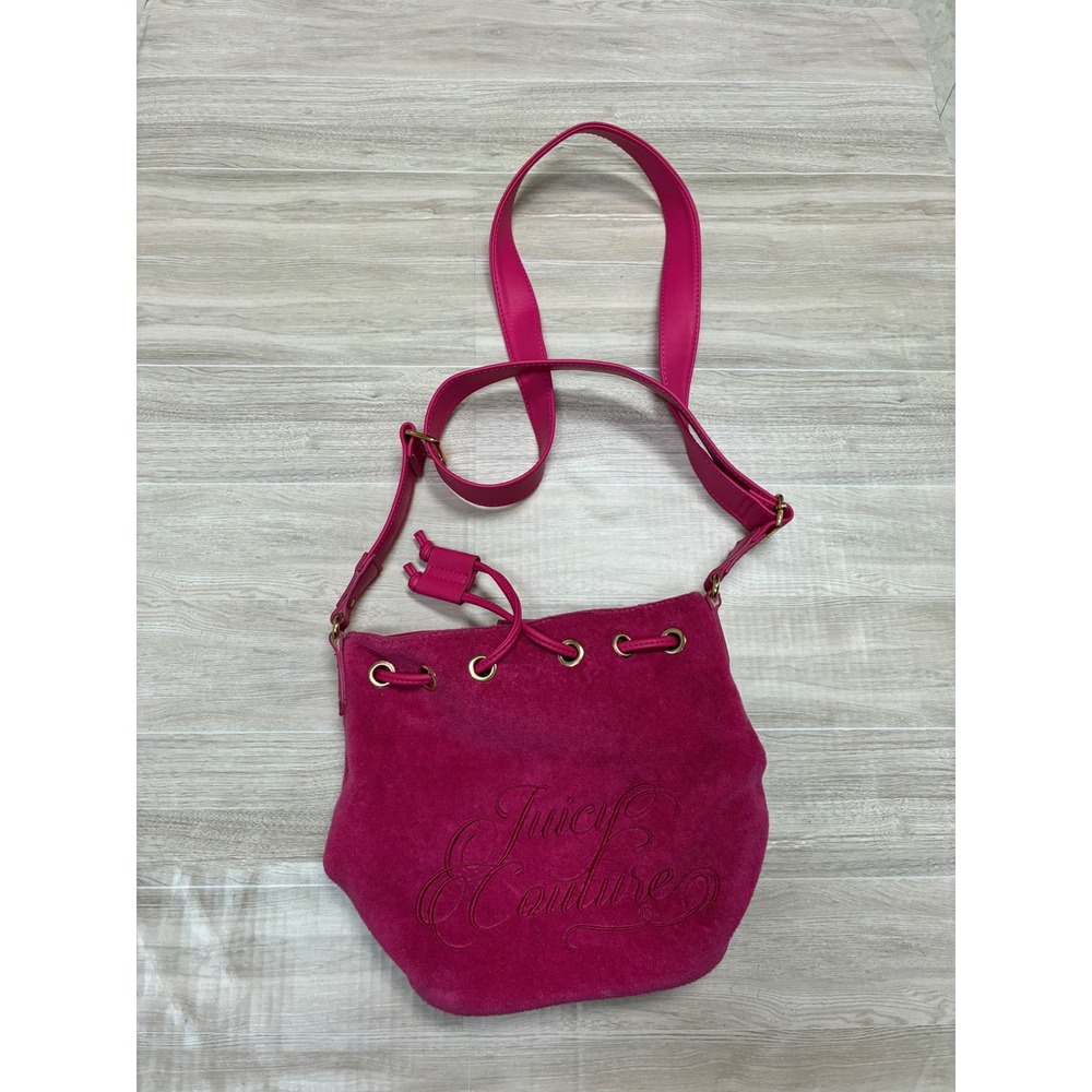 Juicy Couture Hot Pink Velour Bucket Bag Crossbody Gold Hardware